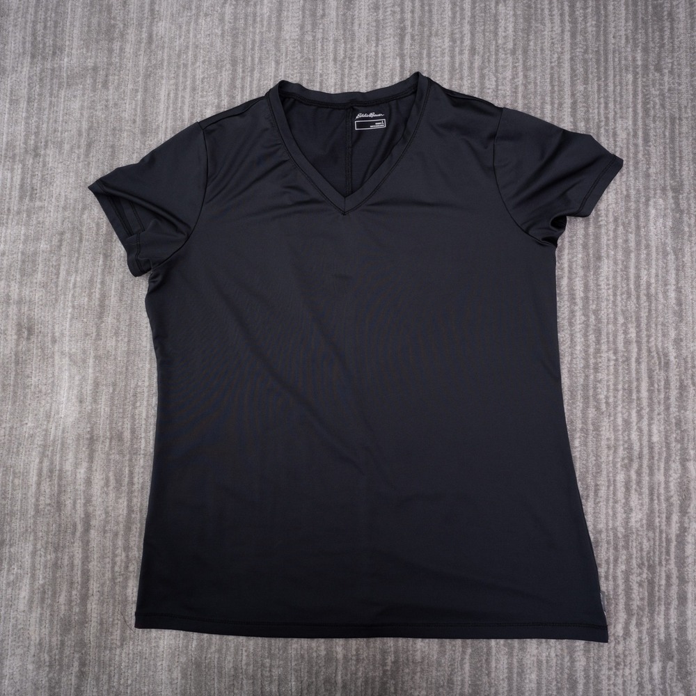 Eddie Bauer V-Neck Active Top Womens L Black Excellent Short Sleeve Recycled